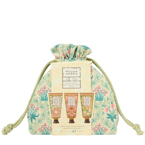 Image of William Morris At Home Hand Repair, Scrub and Wash in Drawstring Bag Gift Set, Travel Size 3x 50ml, Sunlit Tomato Fragrance, Moisturiser, Shea Butter, Vegan and Cruelty Friendly, Beauty Self-Care