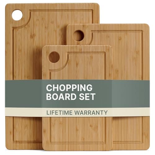 Image of LARHN 3-Piece Bamboo Chopping Board Set - 34×22/29×19/24×16-1.5 cm Thick Reversible Wooden Chopping Boards with Juice Groove for Cutting and Slicing Meat, Fish and Vegetables