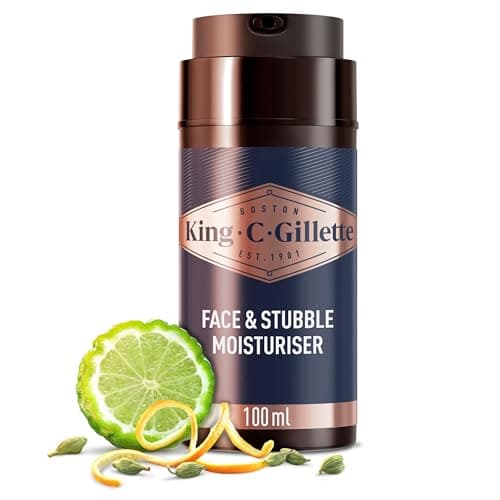 Image of King C. Gillette Men’s Face & Stubble Moisturiser, 100ml, Hydrates and Softens Skin and Beard, Vitamin B Complex Formula, Lightweight Non-Greasy Moisturiser, Signature Bergamot Cedarwood Scent