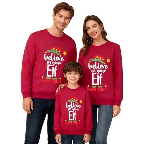 Image of Family Matching Christmas Jumpers Round Collar Long Sleeve Fleece Sweatshirt with Holiday Print for Men Women and Kids Hatless Funny Xmas Jumpers Novelty Sweatshirts Family,Red,8-9 Years