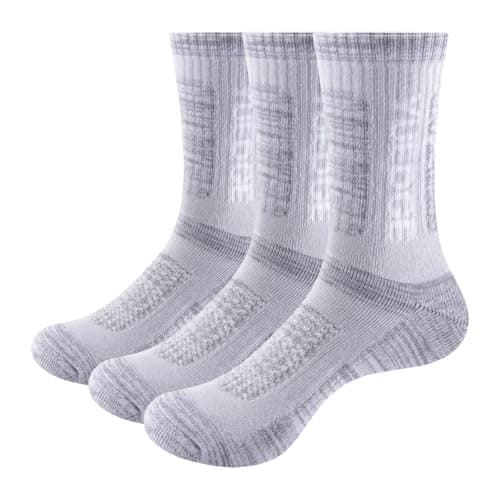 Image of YUEDGE Women's Cushioned Light Grey Cotton Crew Casual Athletic Sports Hiking Walking Socks For Women 4-7, Sweat Wicking Anti Blister Everyday Safety Welly Work Boot Socks, 3 Pairs