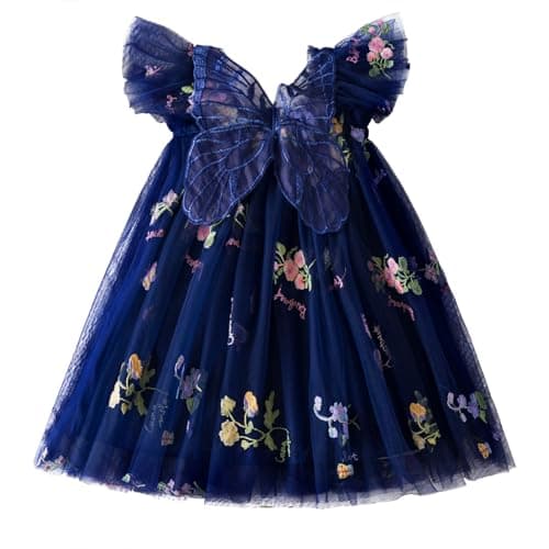 Image of NNJXD Baby Girl Flower Embroidery Tulle Dress Butterfly Toddler Birthday Party Dresses 2109 Navy Blue Size(80) 6-12 Months