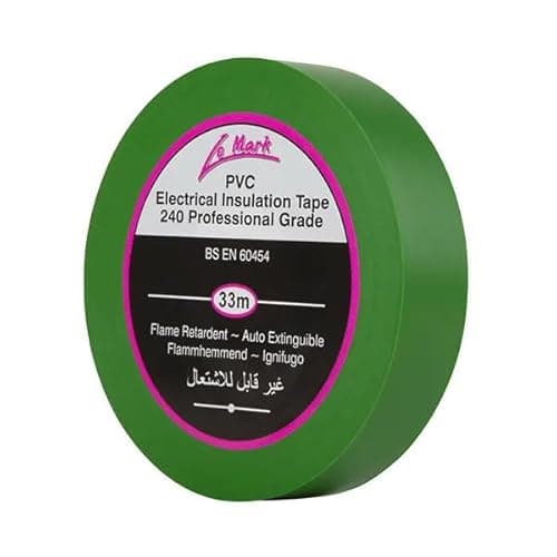 Image of Le Mark Green PVC Electrical Insulation Tape - 33m x 19mm, Flame Retardant, RoHS & BS EN 60454-2 Compliant, Water & Abrasion Resistant, Easy Unwind & Tear, Professional Grade