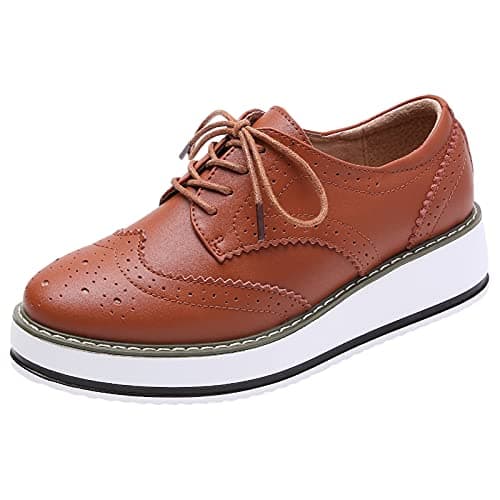 Image of ANUFER Women's Lace-Up Brogues Trainers Shoes Causal Platform Creepers Brown Matte SN02887 UK5