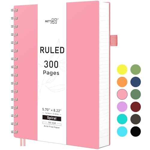 Image of RETTACY A5 Notebook, Notepad, Wirebound Spiral Notebooks 300Pages /150 Sheets for Writing,100gsm College-Ruled Paper, Flexible Plastic Cover, for Women Men Work Office School,14.5 x 21cm - Pink