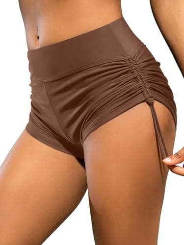 Image of SHEKINI Women High Waisted Swim Shorts Bottoms Ruched Adjustable Tie Side Bathing Suit Plus Size Swimming Boy Shorts Brown-L