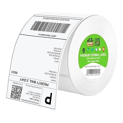 Image of Double Dragon 100 x 150 mm (4"x6") Direct Thermal Shipping Labels – 500 Premium White Self-Adhesive Labels Roll Compatible with Zebra & MUNBYN Printers for Amazon, Royal Mail [1 Roll]