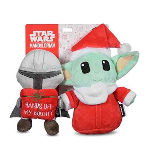 Image of STAR WARS for Pets 6" Holiday 2Pc Set The Mandalorian w/Present & GROGU Santa Plush Set - 2pc | The Mandalorian Holiday Pet Products GROGU | The Child Squeaky Pet Toy | for Star Wars Fans (FF24683)