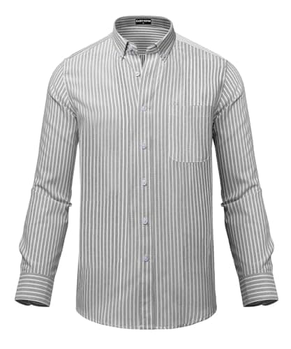 Image of Mauro Kane Men's Long Sleeve Oxford Shirts Casual Business Classic Striped Shirt 100% Cotton Non Iron Button Down Shirt with Pocket, Grey-L