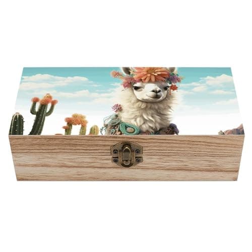 Image of KLJHNVBM Mexican Llama Green Wooden Storage Box - Personalized Wooden Keepsake Box Decorative Card Box with A Hinged Lid Memory Treasure Boxes for Crafts And Photo Storage