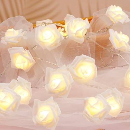 Image of OSDUE Rose Fairy String Lights, 20 PCS LED Rose Fairy Light Battery Powered Bedroom Lights for Valentine's Day Wedding Outdoor Girls Bedroom Mother's Day Birthday Party Decorations,White