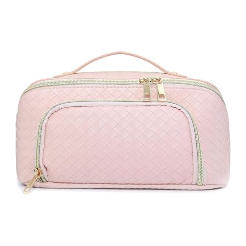 Image of REAOLY GO Travel Makeup Bag Cosmetic Bag Toiletry Bag for Women,Wide Open Portable Waterproof Pouch Make up Organizer with Divider and Handle, Pink, Weaving Cosmetic Bag