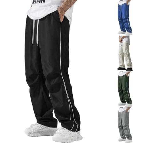 Image of Tracksuit Bottoms Men Sweatpants Wide Leg Baggy Uncuffed Joggers Gym Elasticated Waist Running Trousers with Drawstring Casual Trousers Y2K (A-Black, M)