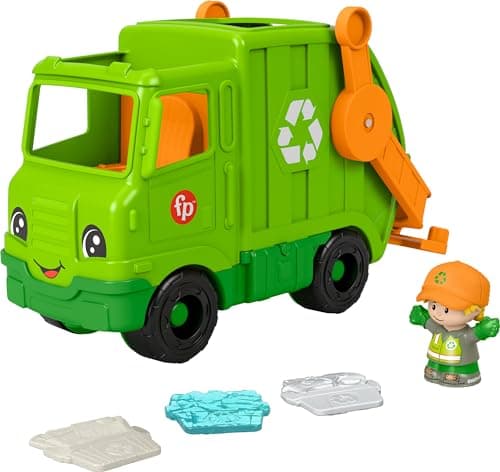 Image of Fisher-Price Little People Toddler Musical Toy Recycling Truck Garbage Truck with Figure for Role Play 1+ Years