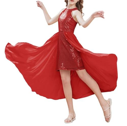 Image of GRACE KARIN Girls Christmas Fancy Dress Shiny Sequin Dresses Shiny Sequin Spaghetti Dress Red 12-14 Years