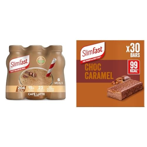 Image of SlimFast Ready To Drink Shake, Cafe Latte Flavour, 325 ml (Pack of 6) + SlimFast Snack Bar, Low Calorie Snack, Choc Caramel Flavour, 30 x 26 g Multipack (Packing may vary)