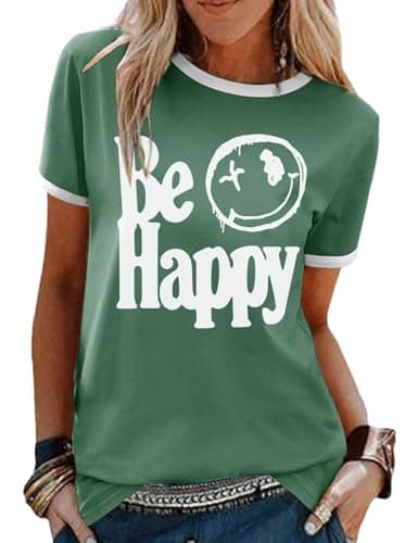 Image of Lonya Women T-Shirt Tops Summer Short Sleeve Ladies Tunic Top Smile Face Printed Casual Tee Shirts Z-Green,XL