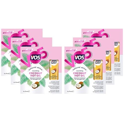 Image of VO5 Nourishing Coconut Hot Oil Natural Shine and Intensive Pre Wash Treatment for Dry and Damaged Hair Reduces Breakage from Brushing also Suitable for Colour-Treated Hair, 4x15ml (Buy 6)