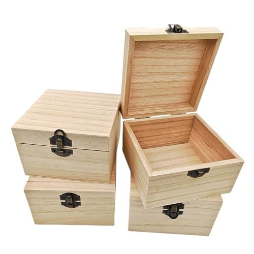 Image of Anktily 4 Pack Unfinished Wooden Boxes, Rustic Small Wood Box with Locking Clasp DIY Craft Storage Organizer Box for Home Table Decoration (12 x 12 x 8 cm)