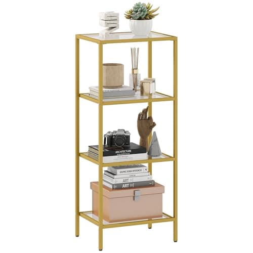 Image of HOMCOM 4-Tier Shelving Unit, Modern Glass Shelf, Bookshelf, Storage Rack for Living Room, Home Office, Bedroom, Bathroom, 40 x 30 x 97 cm, Gold Tone