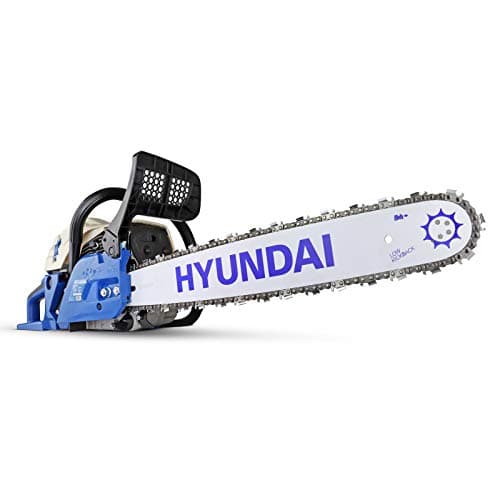 Image of Hyundai HYC6220 62cc Petrol Chainsaw 20 Inch Cutting Bar Includes 2 Chains, Chain Saw Carry Bag, Chain File & 2 Stroke Fuel Mixing Bottle, Cordless Garden Tools. Blue