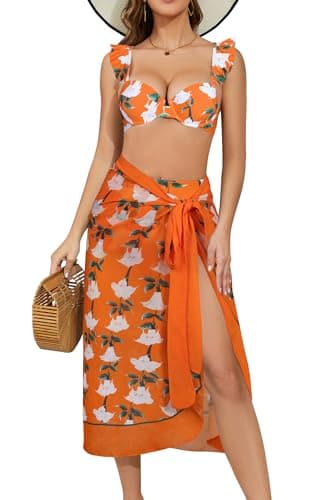 Image of SHEKINI Women's Bikini Sets 3 Piece with Long Matching Beach Warp Skirt Tummy Control Push up Adjustable Vintage Printed High Waisted Bathing Suits for Women, Orange, L
