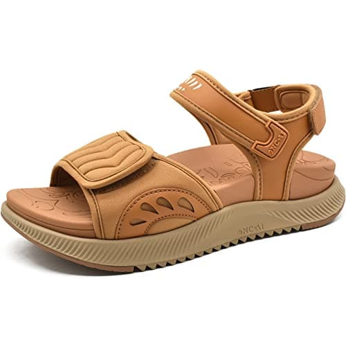 Image of ONCAI Walking Sandals Womens,Arch Support Hiking Sandals with Orthotic Outdoor Footbed for Plantar Fasciitis,Water Athletic Platform Sandalias Mujer with 3 Adjustable Strap Khaki Size 6.5