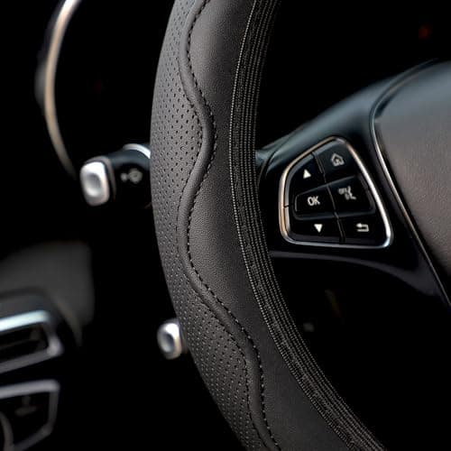 Image of Pxvelcn Car Steering Whee Cover, Soft Black PU Leather Car Steering Wheel Covers Protector with Wavy Line Splice Design, Elastic Stretch Non-slip & Breathable (All Black)