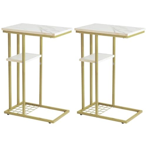 Image of YMYNY C-Shaped End Table Set of 2, Side Table for Sofa and Bed, Coffee Table for Small Spaces, Living Room, Bedroom, Industrial Small Table with Storage Shelf,Marble Pattern White and Gold HST004W-2