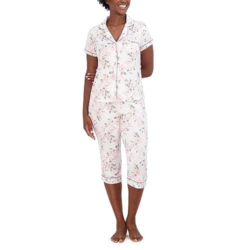 Image of TAHARI Women's Pajama Set including Notch Collar Button-Up Top and Pants, White Floral, M