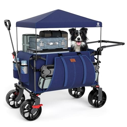 Image of EVER ADVANCED 225L Festival Trolley on Wheels with Removable Canopy, 150KG Heavy Duty Camping Trolley, Push & Pull Beach Cart with 3 Large Pockets, Garden Folding wagon Fishing Blue