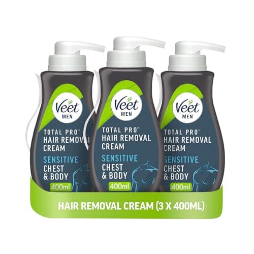 Image of Veet Men Hair Removal Cream, 400ml each (Pack of 3), Chest & Body, Sensitive Skin, 1 Spatula, No Risk of Cuts, 24 Hour Hydration, 7 Days of Smoothness, Dermatologically Tested (Packaging may vary)