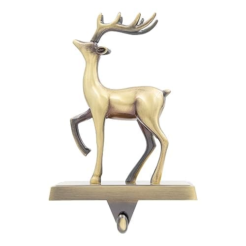 Image of The Christmas Workshop Stocking Holder/Antique Finish Hanger in Silver or Gold/Festive Decoration with Metal Hook and Weighted Base/Reindeer or Christmas Tree (Gold Reindeer)