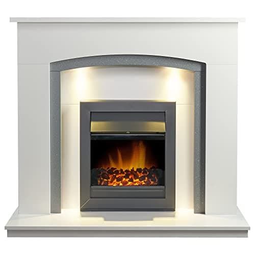 Image of Adam Savanna Fireplace in Pure White& Grey with Downlights & Vancouver Electric Fire in Black, 48 Inch
