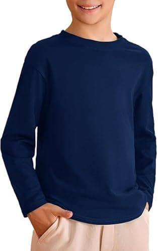 Image of Haloumoning Boys' T-Shirt Kids Long Sleeve Crew Neck Plain Basic Shirt Leisure Sports Tees Tops 5-14 Years, darkblue, 13-14 Years