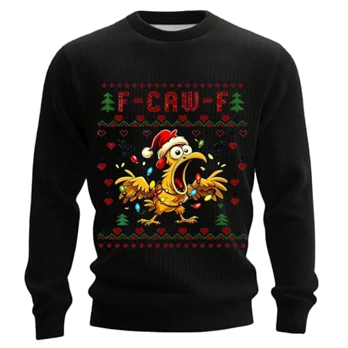 Image of Ugly Christmas Jumper Men F-CAW-F Round Neck Jumpers Holiday Lightweight Funny Scream Chicken Knitted Tops Sweater Loose Fashion Male Xmas Clothes(Black, L)