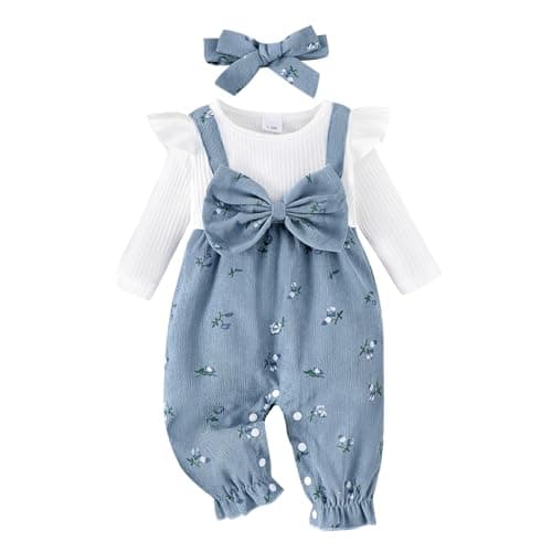 Image of Qianderer Newborn Baby Girl Clothes Long Sleeve Romper Corduroy Floral Bow Onesie One Piece Jumpsuit with Headband Fall Winter Infant Outfits (Ba Blue, 3-6 Months)
