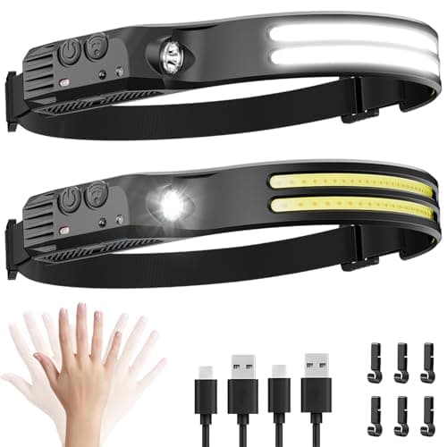 Image of Dopalloy Head Torch Rechargeable 2 Pack - Super Bright Dual LED Strip Headtorch, 230° Wide Beam Headlight with Motion Sensor, USB Battery Powered Headlamp for Fishing, Running, Camping Essentials