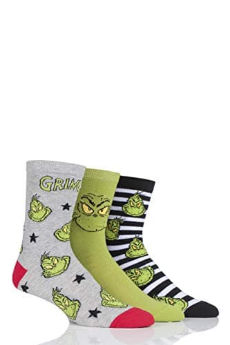Image of SockShop Grinch Christmas Socks Mens Womens Sizes Cotton Fun Gift Pack of 3 Assorted 4-8