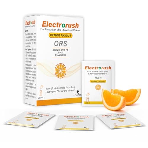 Image of Electrorush ORS (Oral Rehydration Salts) Fast & Effective Orange Flavour Effervescent Supplement for Reducing Dehydration & Replacing Electrolytes (Mineral Salts) of Lost Body Water & Salt 6 Sachets