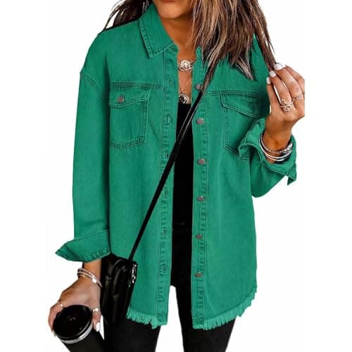 Image of YGERGWE Green Denim Jacket Women, Oversized Lightweight Jean Jacket Casual Button-Down Shacket, Ladies Long Sleeve Jean Shirt Top for Spring Autumn