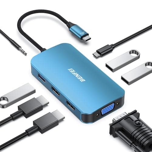 Image of BENFEI USB C MST HUB 8in1 with USB-C to 2*HDMI/1*VGA, to 3*USB 3.0/100W Power Delivery/3.5mm Aux Audio, Compatible with iPhone 15 series, MacBook Pro 2023/2022/2021/2020, Surface Book and More