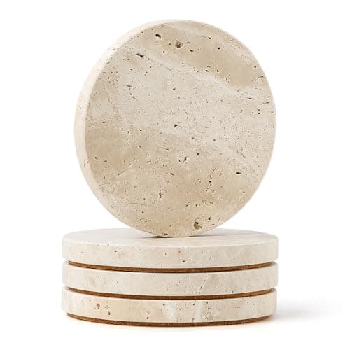 Image of WORHE Marble Coaster for Drinks 4" Diameter Set of 4 Round Travertine Coasters for Home Decor Office Parties Birthday Housewarming Gift, Protect Countertops from Dirty,Sturdy and Tough Beige BD140