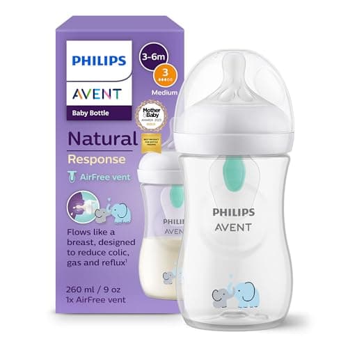 Image of Philips Avent Natural Response Baby Bottle - 260ml Baby Milk Bottle with AirFree Vent, BPA Free for Newborn Babies Aged 1 Months+, Elephant Pattern (Model SCY673/81)