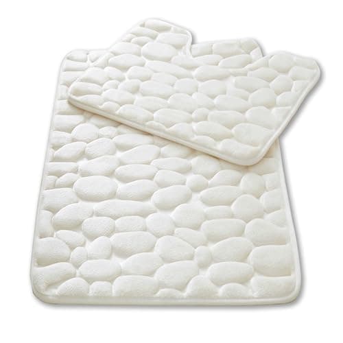 Image of GC GAVENO CAVAILIA Pebble Stone Bath Mat Non Slip | 2Piece Memory Foam Bath Mat Set Washable Rug Super Absorbent Shower Pedestal Mat | Quick Dry Bathroom Toilet Mat Sets BathMat, Cream