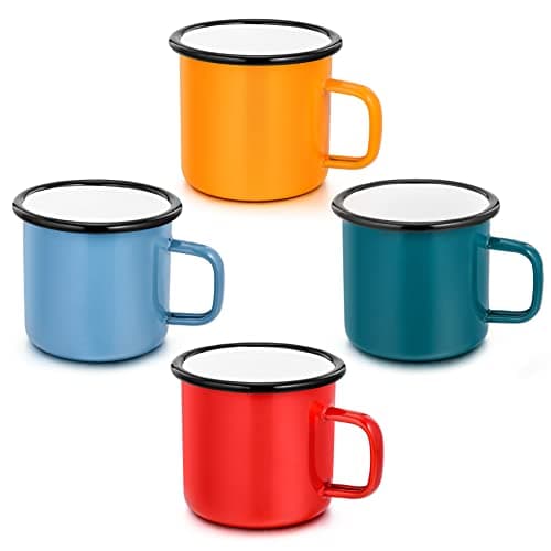Image of Onader Enamel Mug Set of 4, 12Oz Enamel Coffee Tea Mugs Cups, Red/Yellow/Green/Blue Retro Drinking Mug Tin for Home Office Travel Camping Picnic, Lightweight & Portable & Reusable, Easy Clean (350ML)