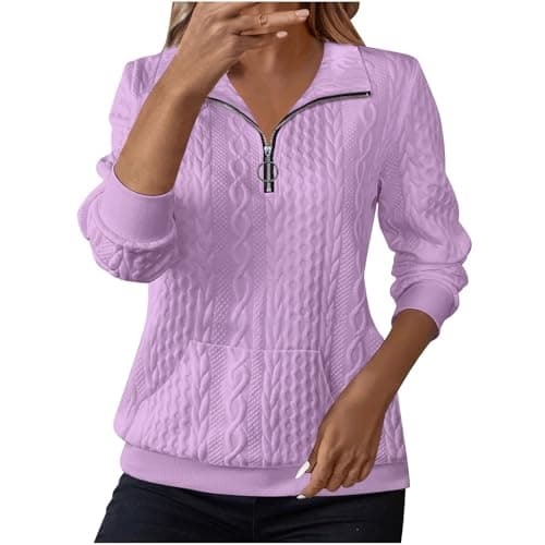 Image of Keepink Womens Jumpers Lapel Neck Quarter Zip Sweatshirt UK Long Sleeve Henley Pullover Top Loose Tunic Blouse for Office Work Elegant Casual Jumper Autumn Winter Sweater T Shirts