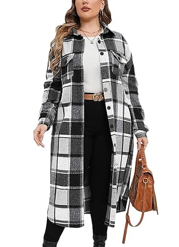 Image of Jhsnjnr Women's Long Plaid Shacket Button Down Long Sleeve Flannel Shirts Casual Checked Jackets