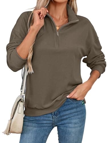 Image of Famulily Long Sleeve Fall Sweatshirt for Women Half Zip Sweaters Elegant Stand Collar Oversized Pullovers Brown L