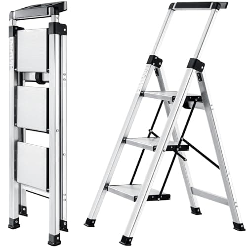Image of XinSunho Step Ladder 3 Step, Aluminum Folding Step Stool with Retractable Handgrip & Removable Tool Tray, Lightweight Stepladders for High Closet, 330LBS Household 3 Step Ladder - Silver